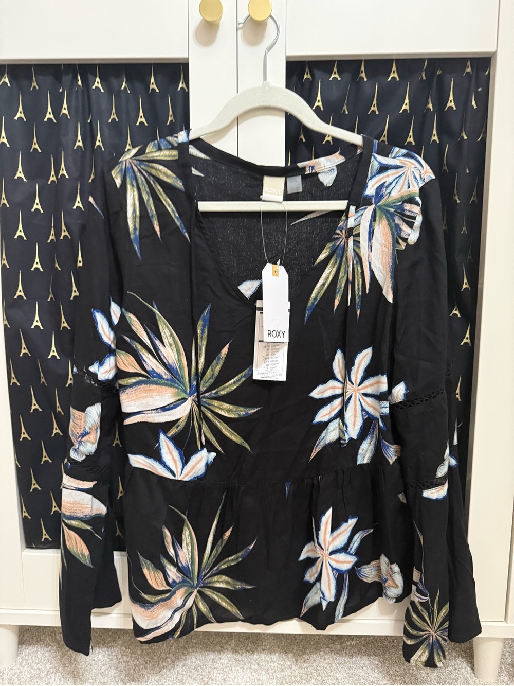 Roxy Black Floral Peplum Long-Sleeve Tunic with Blue and Cream Accents